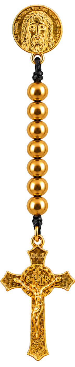 The Chaplet of Perfection — Holy Face medal, seven gold beads, and crucifix
